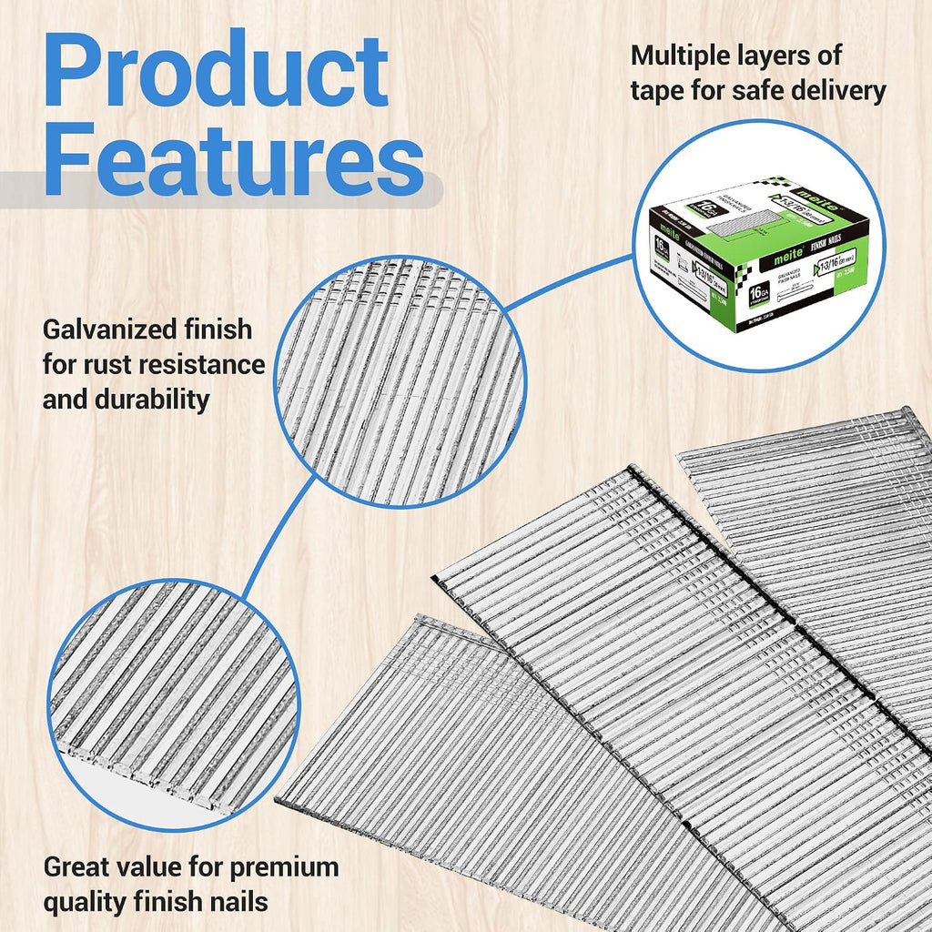 meite 16 Gauge Finish Nails 1-3/16 Inch Galvanized 16GA Straight Finishing Nails for Finish Nailer, for Window Casing Baseboard Crown Molding, 1 Case/45,000PCS