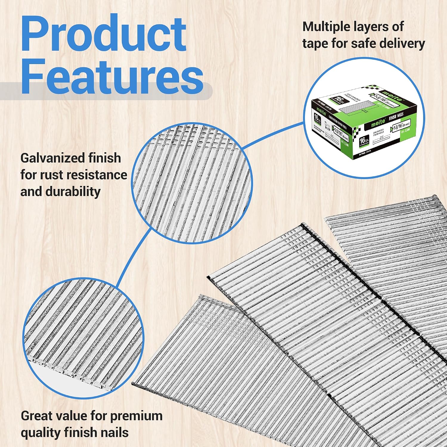 meite 16 Gauge Finish Nails 1-3/16 Inch Galvanized 16GA Straight Finishing Nails for Finish Nailer, for Window Casing Baseboard Crown Molding, 1 Case/45,000PCS