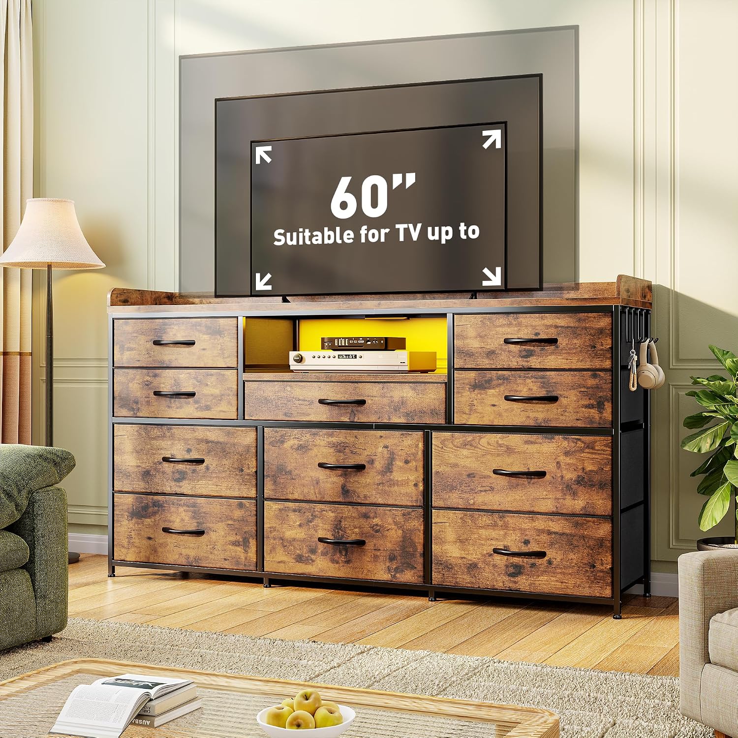 Dresser for Bedroom with LED Lights & Charging Station & 4 Hooks 11 Drawer Dressers & Chests of Drawers Long Fabric Dresser TV Stand for 60 inch TV for Entryway 11.8'D x 47.2'W x 31.5'H Rustic Brown
