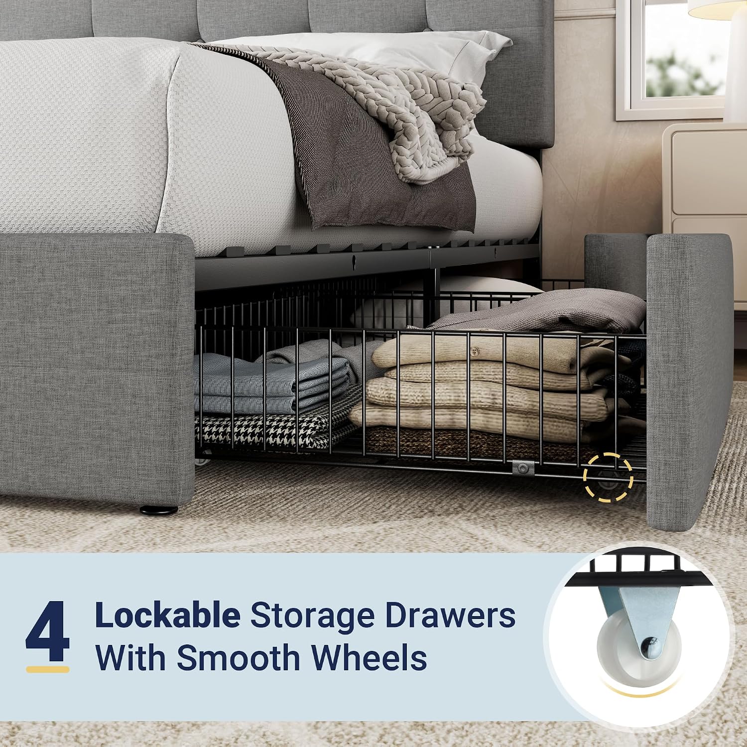 Allewie Upholstered King Size Platform Bed Frame with 4 Storage Drawers and Headboard, Square Stitched Button Tufted, Mattress Foundation with Wooden Slats Support, No Box Spring Needed, Light Grey