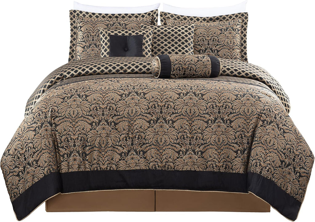 Chezmoi Collection 7-Piece Black/Gold Diamond Floral Medallion Jacquard Woven Comforter Set, California King