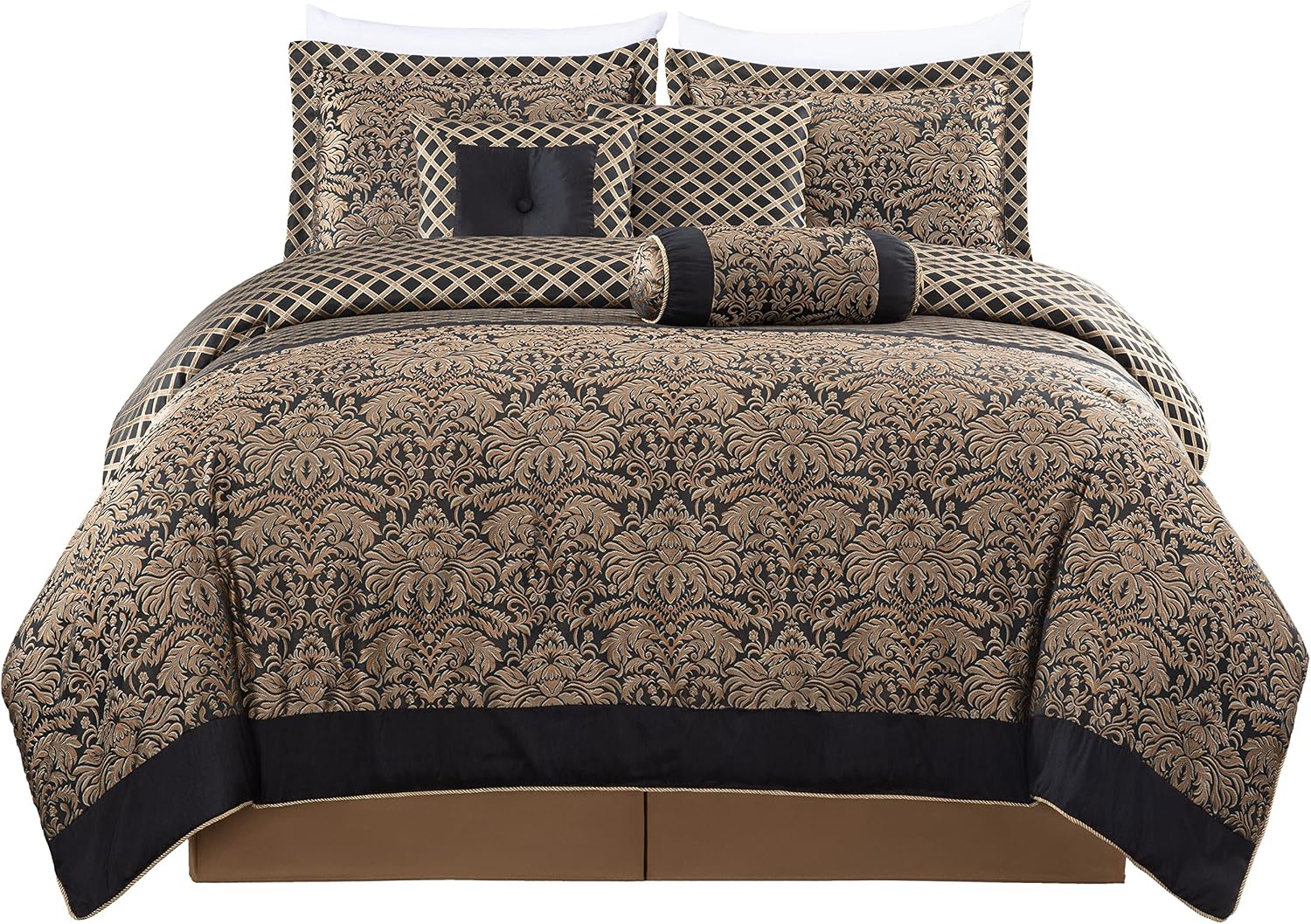 Chezmoi Collection 7-Piece Black/Gold Diamond Floral Medallion Jacquard Woven Comforter Set, California King