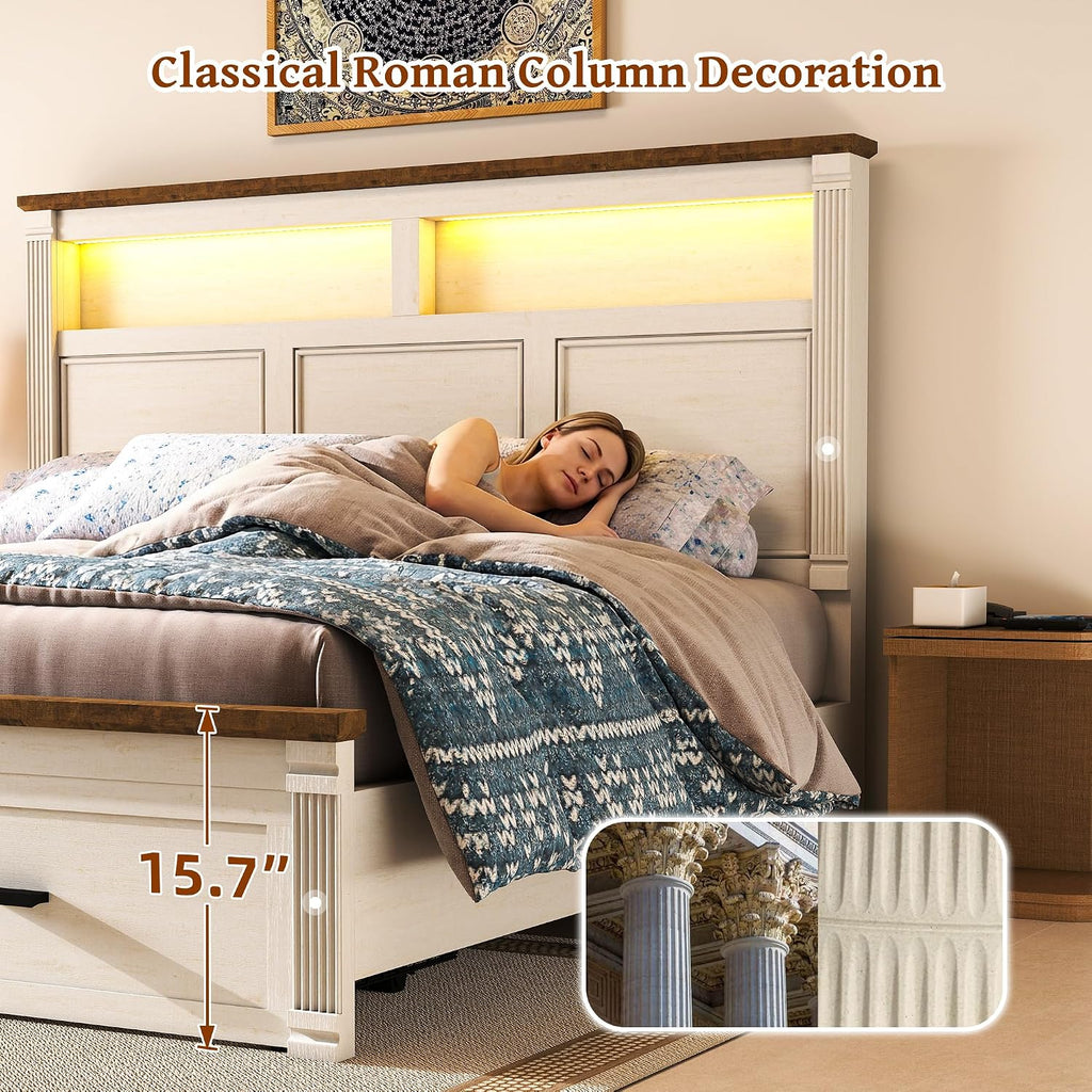 King Size Bed Frame with 53' Tall Headboard, Farmhouse Platform Bed Frame with Roman Column Decoration Footboard & 2 Storage Drawers, LED Built in Charging Station, No Box Spring Needed（Rust White)