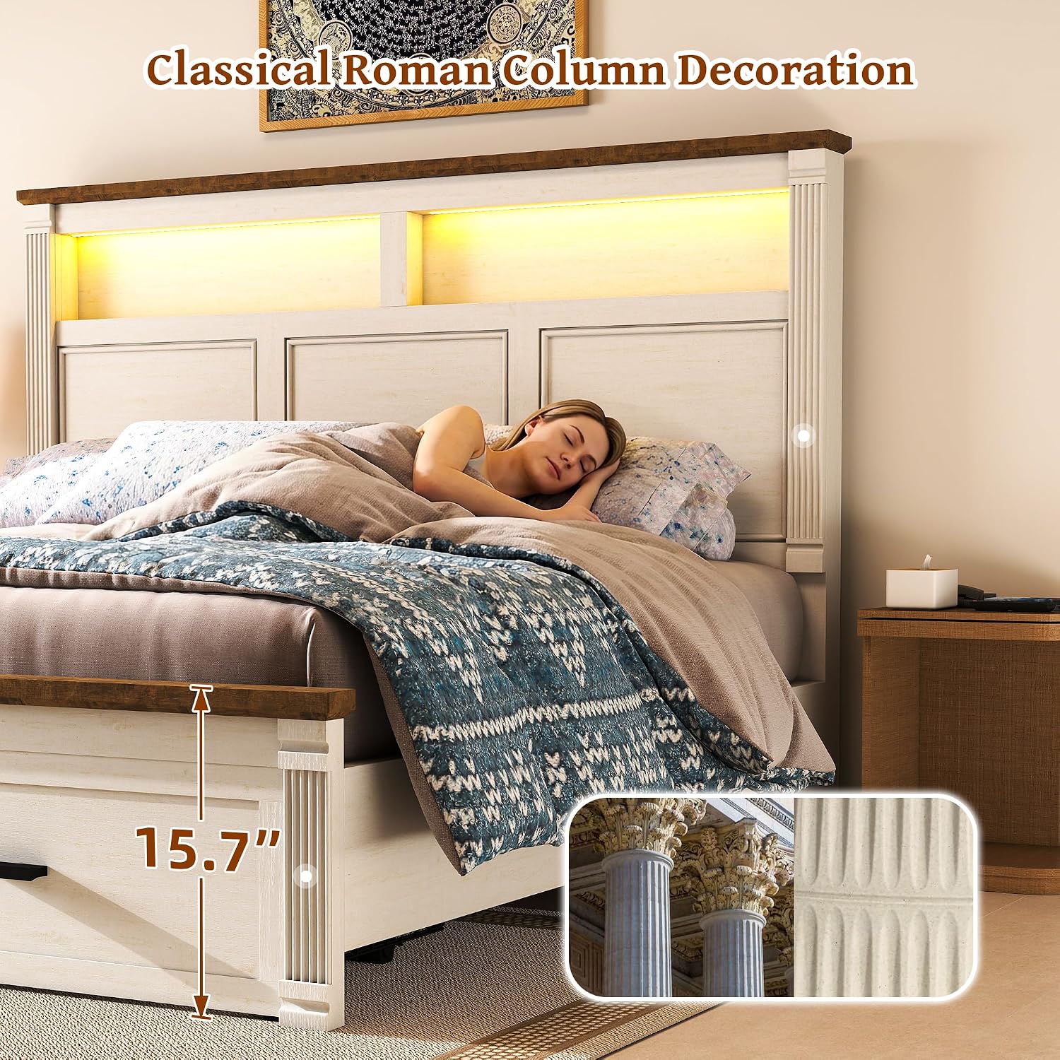King Size Bed Frame with 53' Tall Headboard, Farmhouse Platform Bed Frame with Roman Column Decoration Footboard & 2 Storage Drawers, LED Built in Charging Station, No Box Spring Needed（Rust White)
