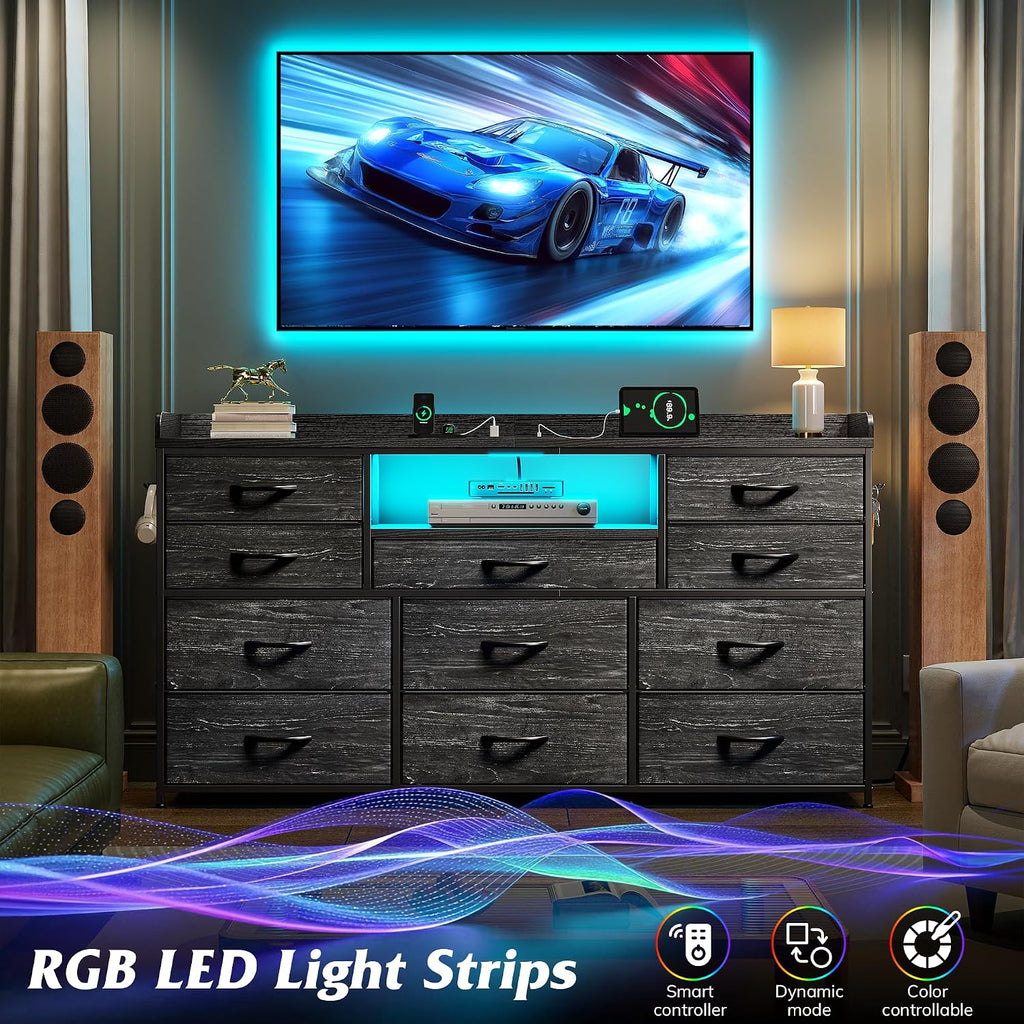 EnHomee Dresser TV Stand with 11 Drawers, 60' TV Stand with LED Lights & Power Outlets, Long Dresser for Bedroom with Shelves & 4 Hooks for Dorm, Hallway, Charcoal Black
