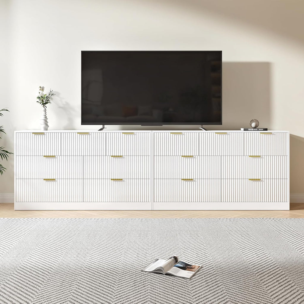 White Dresser Set of 2, Long Dresser for Bedroom Wooden with 14 Drawers, Fluted Modern Bedroom Furniture Set, TV Stand Dressers & Chests of Drawers for Closet (15.7'D x 110.2'W x 31.8'H)