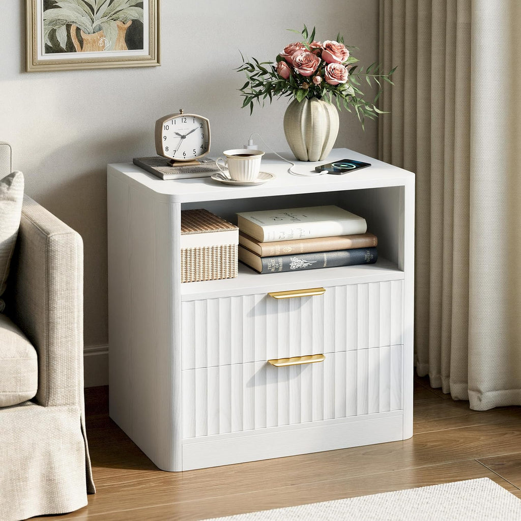 IRONCK Fluted Night Stand Set of 2, Modern Nightstand with Charging Station, Drawers and Open Shelves - Bedside Table Wood Side Table Set for Bedroom, White