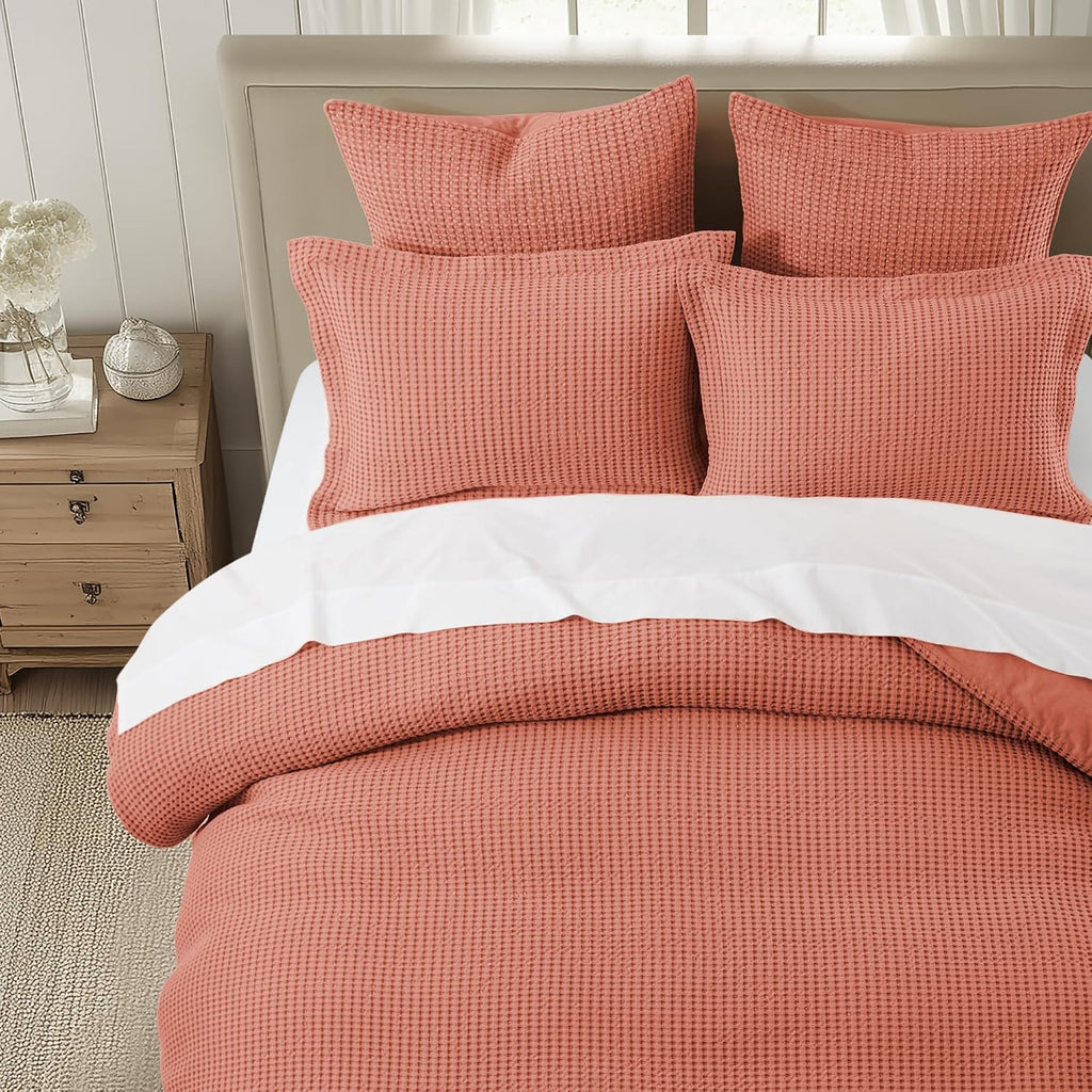 Levtex Home Mills Waffle Queen Duvet Cover Set (90x94in) with 2 Pillow Shams (26x20in) - Adobe - 100% Cotton Queen Size Duvet Cover Set - Soft, Pre-Washed