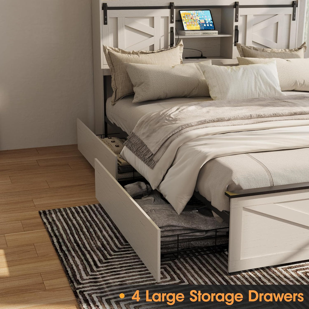 Fameill Farmhouse Full Size Bed Frame with 4 Drawers and Bookcase Headboard, Sliding Barn Door Storage Shelves, LED Lights and Charging Station, No Box Spring Needed, Antique White