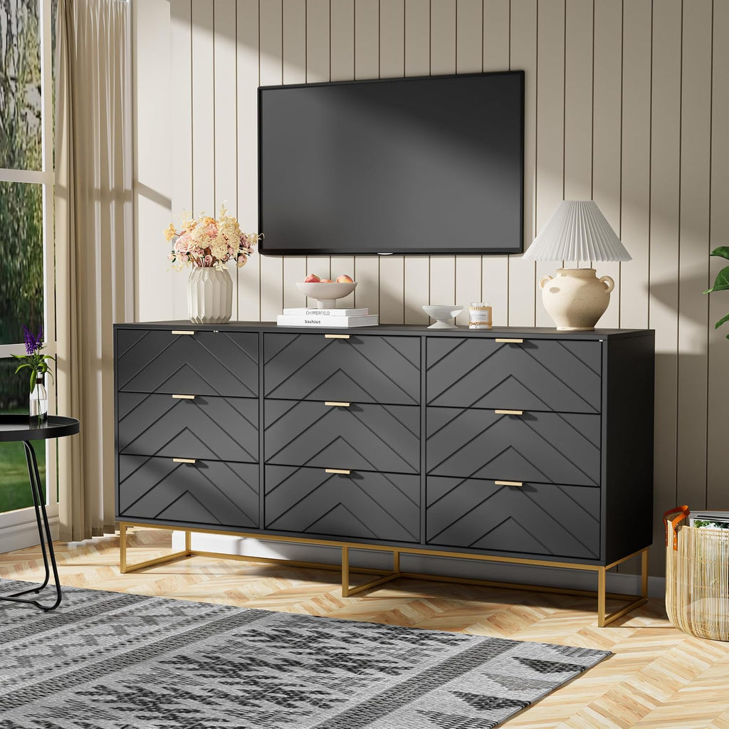 Anbuy Morden 9 Drawer Dresser and Nightstand Sets for Bedroom, 3 Pieces Bedroom Sets Night Stand Set of 2 & 9 Drawer Dresser with Gold Handles, Wood Chest of Drawers Storage Cabinet Set, Green Black