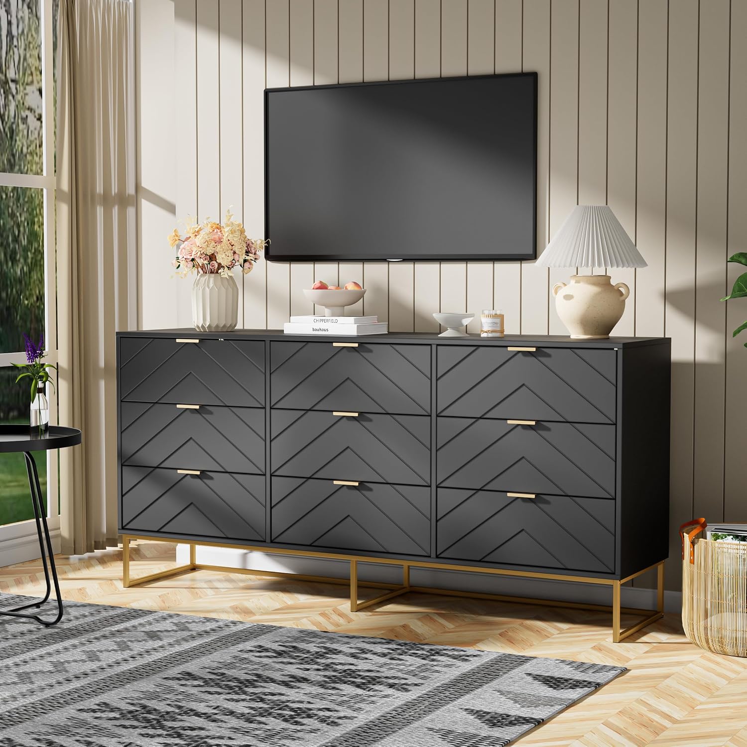 Anbuy Morden 9 Drawer Dresser and Nightstand Sets for Bedroom, 3 Pieces Bedroom Sets Night Stand Set of 2 & 9 Drawer Dresser with Gold Handles, Wood Chest of Drawers Storage Cabinet Set, Green Black