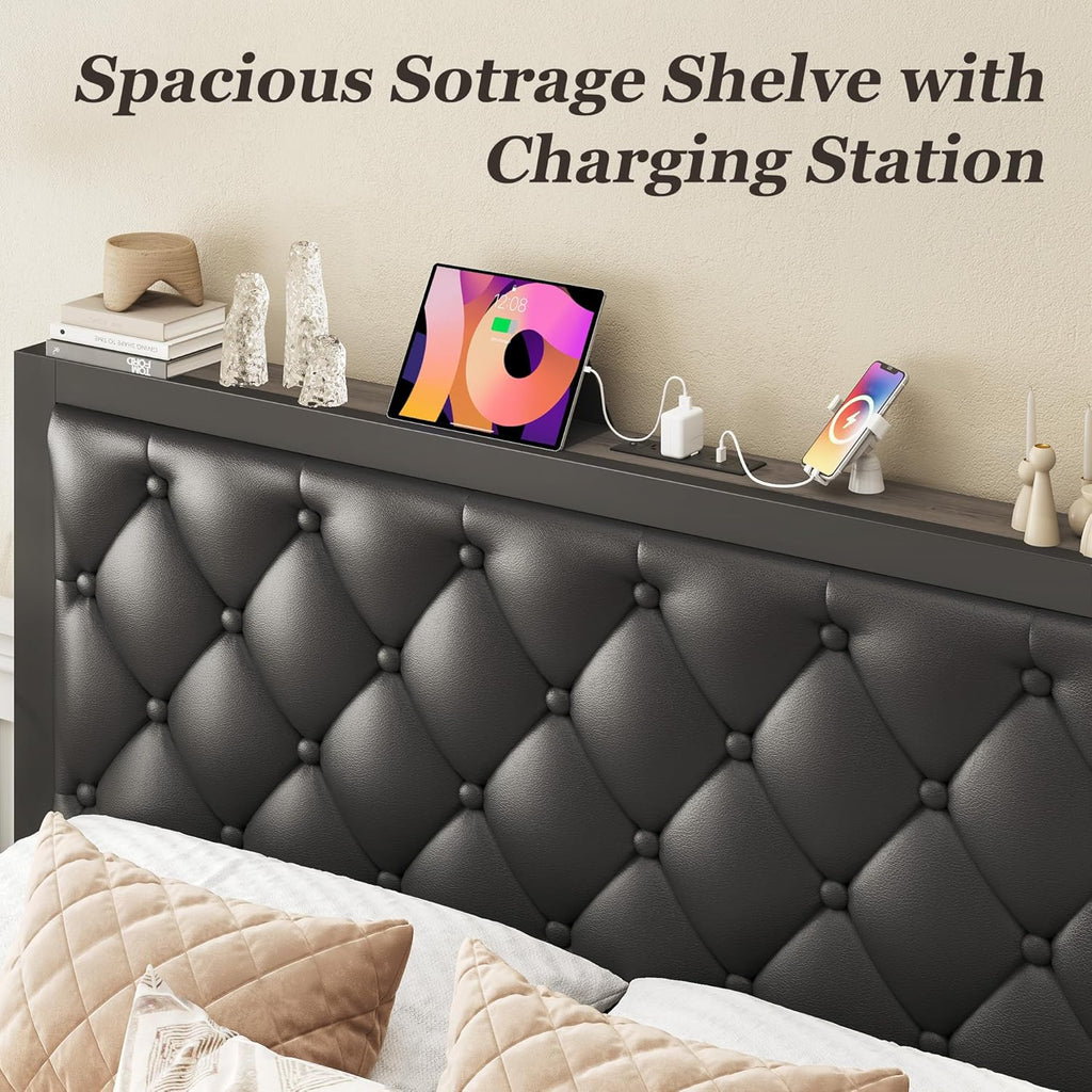 Fluest Queen Bed Frame with 2 Storage Drawers, Upholstered Headboard Button Tufted Bed Frame with Charging Station, No Box Spring Needed, Noise-Free, All Metal Structure, Black