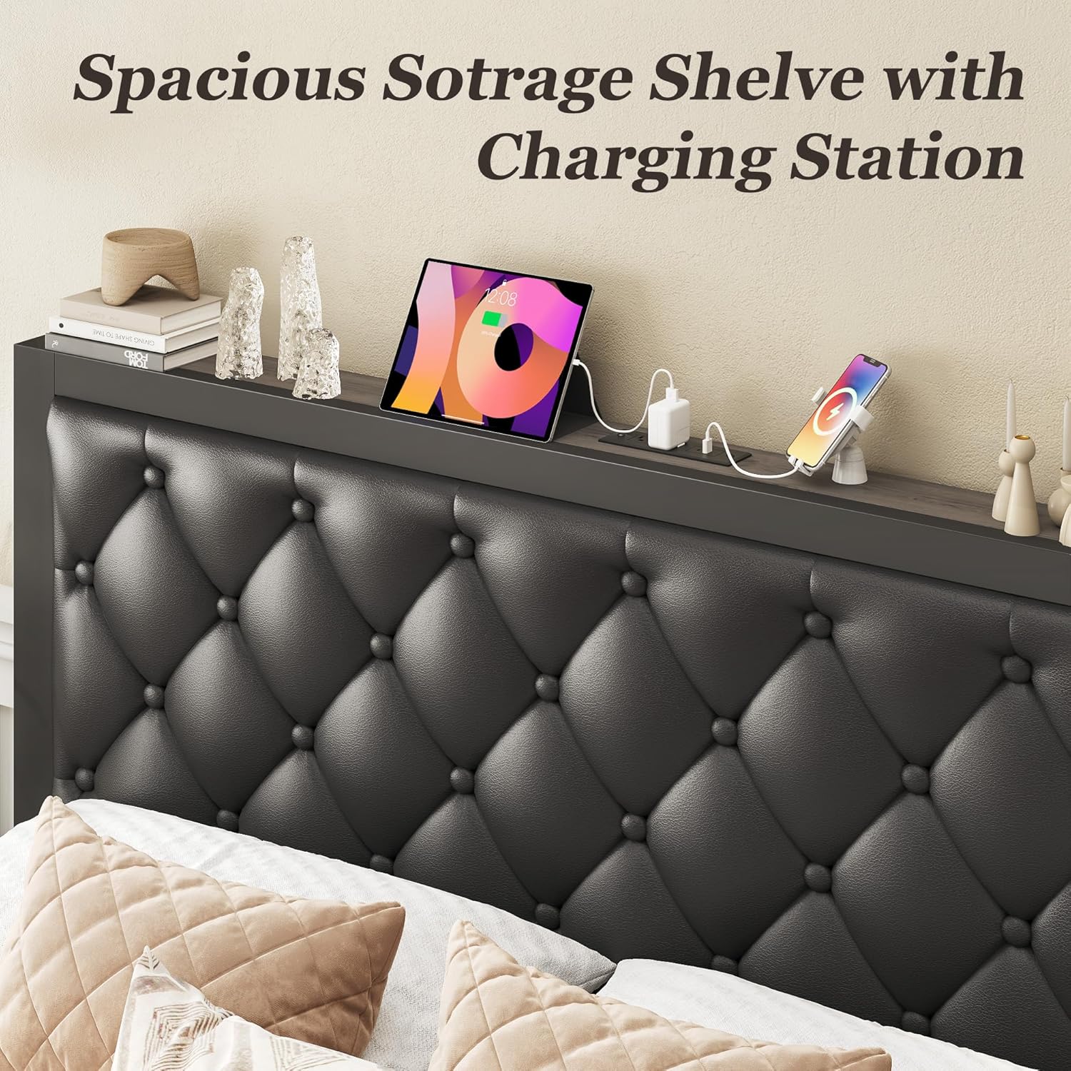 Fluest Queen Bed Frame with 2 Storage Drawers, Upholstered Headboard Button Tufted Bed Frame with Charging Station, No Box Spring Needed, Noise-Free, All Metal Structure, Black