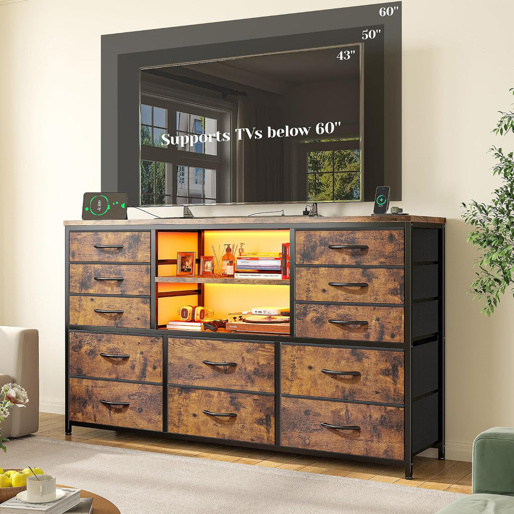 EnHomee 12 Drawers Dresser for Bedroom with LED Lights & Charging Station,TV Stand for 55/60'' TV, Fabric Dressers & Chests of Drawers with 3 Wooden Shelves for Hallway,Sturdy,Rustic Brown
