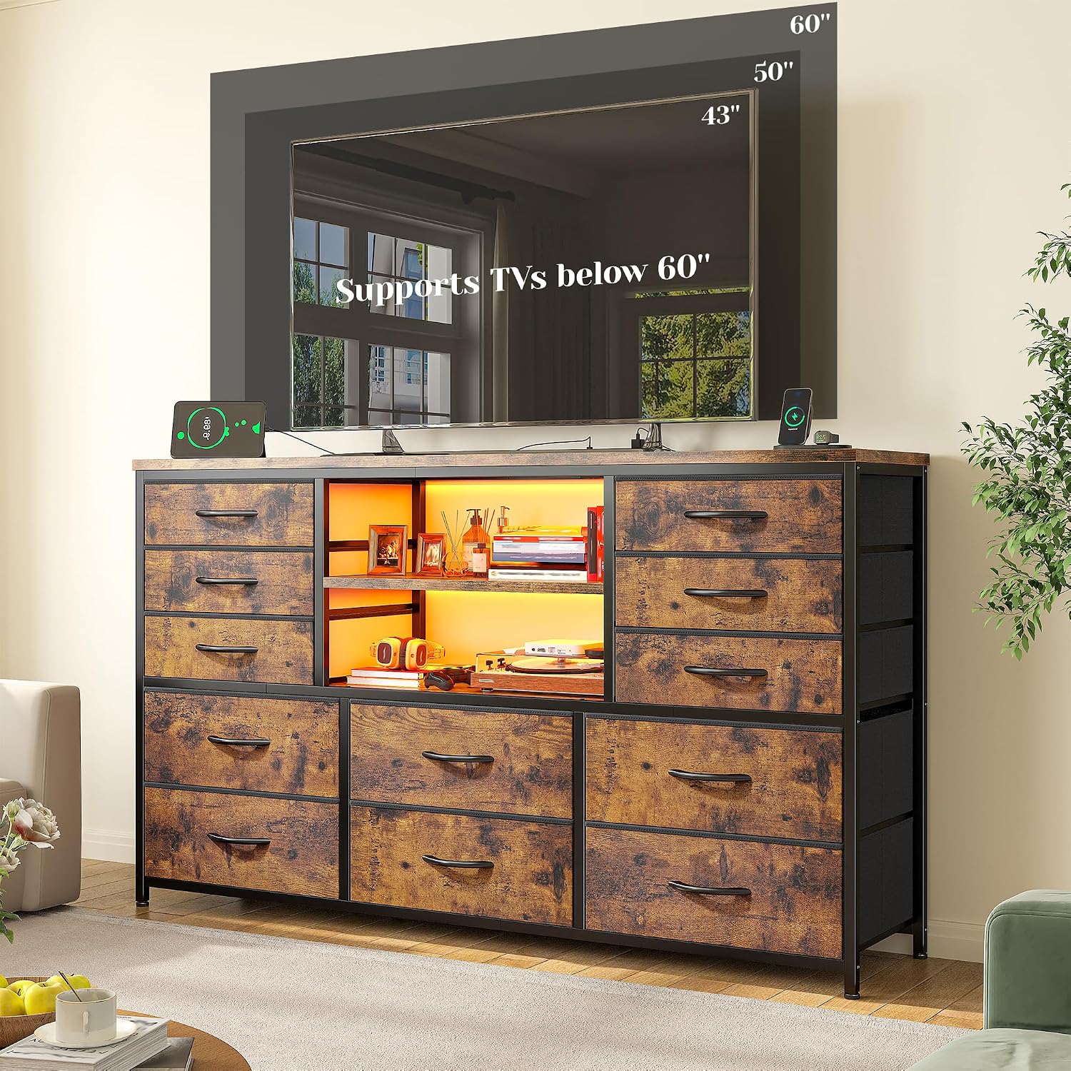 EnHomee 12 Drawers Dresser for Bedroom with LED Lights & Charging Station,TV Stand for 55/60'' TV, Fabric Dressers & Chests of Drawers with 3 Wooden Shelves for Hallway,Sturdy,Rustic Brown