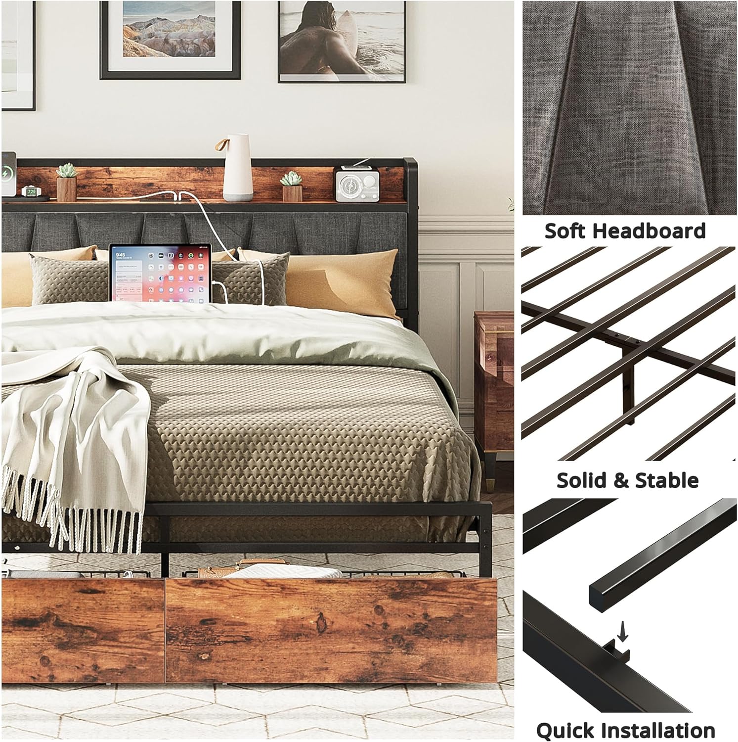 LIKIMIO Queen Bed Frame, Storage Headboard with Charging Station, Platform Bed with Drawers, No Box Spring Needed, Easy Assembly, Vintage Brown and Gray