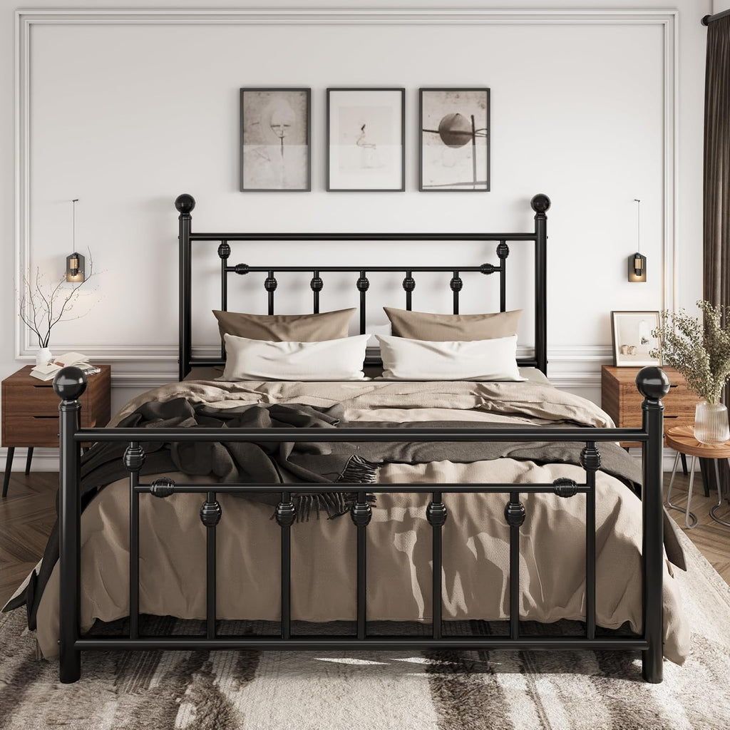 SHA CERLIN 14' Full Size Metal Platform Bed Frame/Victorian Headboard and Footboard/Steel Slats Mattress Foundation for Storage/No Box Spring Needed/Noise Free/Black