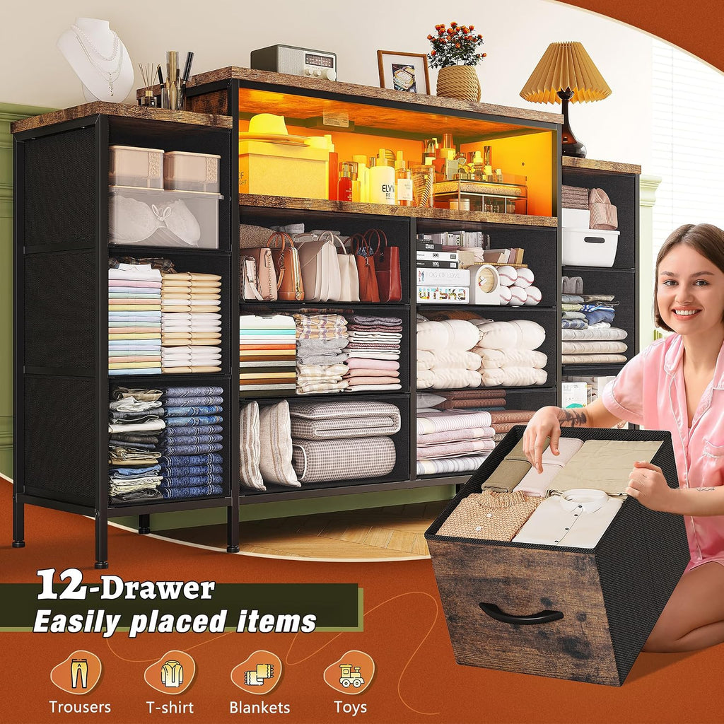 EnHomee 55' W Dresser for Bedroom with LED Lights & Charging Station 12 Drawer Dressers & Chests of Drawers Dresser TV Stand for Bedroom for Hanging 65' TV, Metal Frame & Fabric Drawers, Rustic Brown