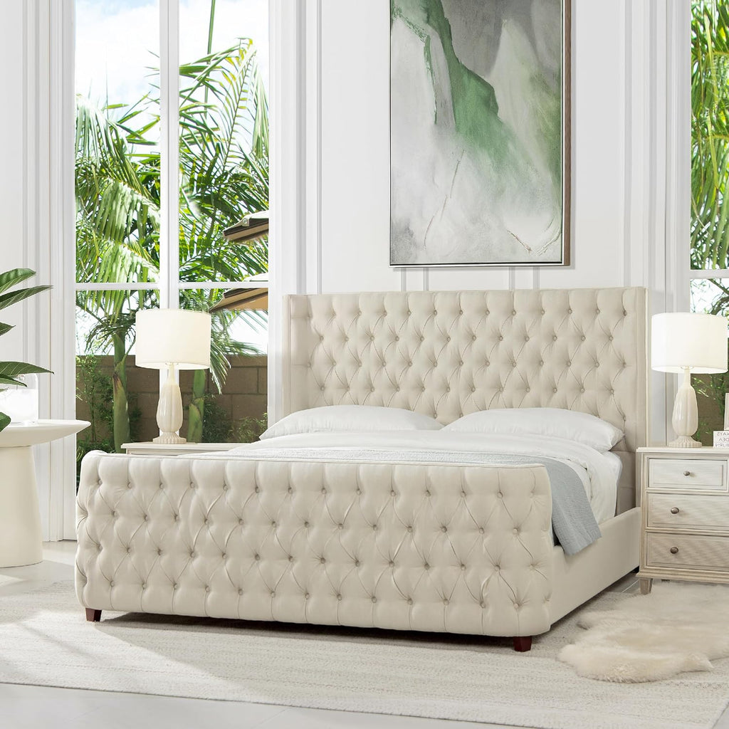 Jennifer Taylor Home Brooklyn King Tufted Panel Bed Headboard and Footboard Set, Light Beige Linen