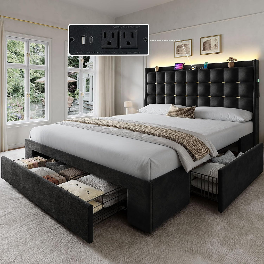 YITAHOME Queen Size Bed Frame with 3 Storage Drawers and RGB LED Lights, Velvet Upholstered Bed with Charging Station and Storage Headboard, No Box Spring Needed, Noise-Free, Cool Black