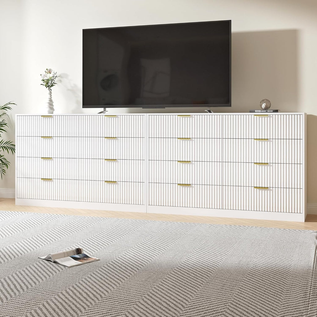Dresser for Bedroom Set of 2, Fluted 16 Drawers White Dresser Wooden, Modern Bedroom Furniture Set, TV Stand Long Dressers & Chests of Drawers for Closet(15.7' D x 110.2' W x 36' H)