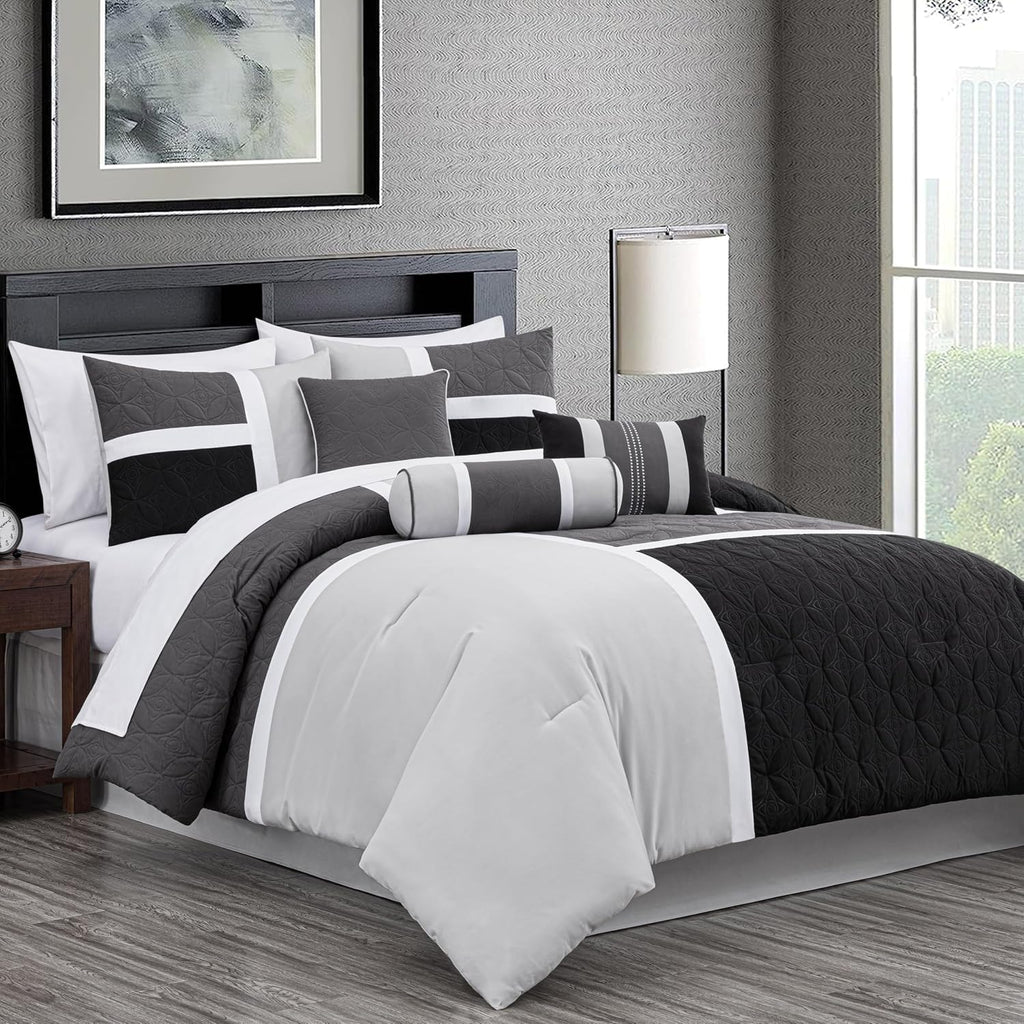 Chezmoi Collection Upland 7-Piece Quilted Patchwork Comforter Set, Black/Gray/Light Gray, Oversized King