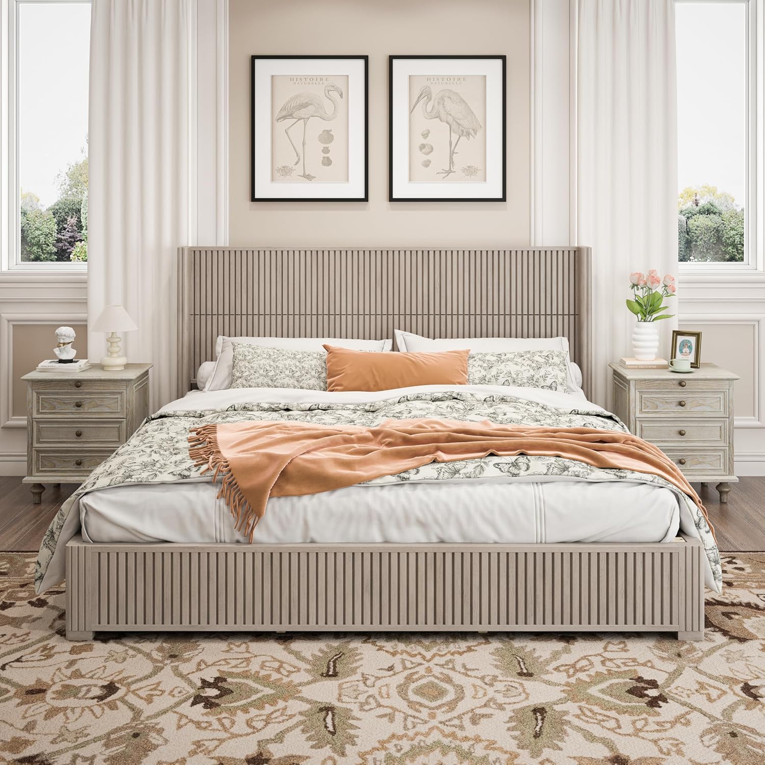 Ball & Cast Fluted King Bed Frame with Wingback Headboard,Solid Wood Platform Bed Frame King Size with Wood Slats, No Box Spring Needed, Easy Assembly,Beige