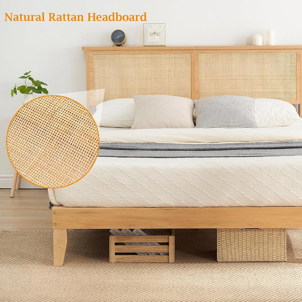 coucheta Rattan Bed Frame Queen with Natural Rattan Headboard,Queen Bed Frame with LED Lights,Rattan Queen Bed Frame with Headboard,Solid Wood Foundation with Silent Slats,No Box Spring Needed(Queen)