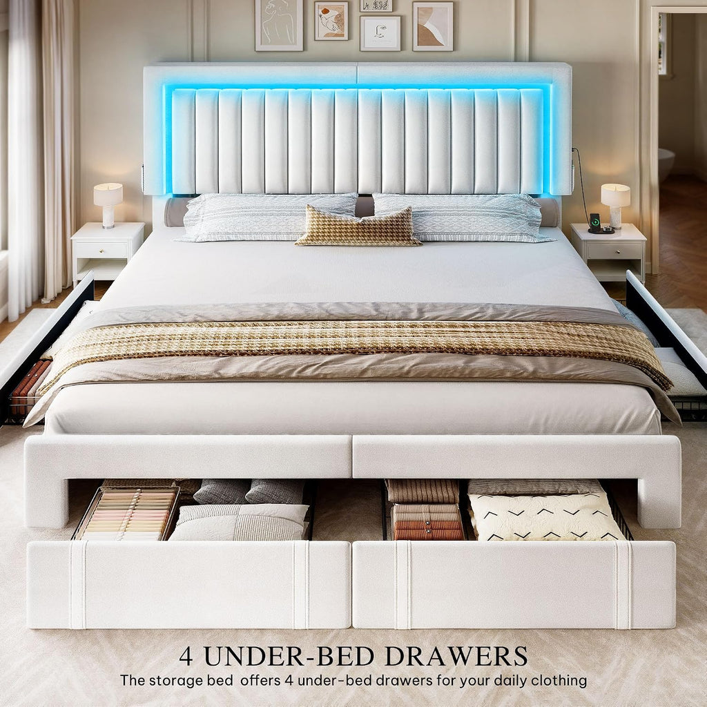 DWVO King Size Bed Frame with Adjustable Headboard, 4 Storage Drawers and RGB LED Lights, Velvet Upholstered Platform Bed with USB Ports, No Box Spring Needed, Fast Assembly, Noise-Free, White