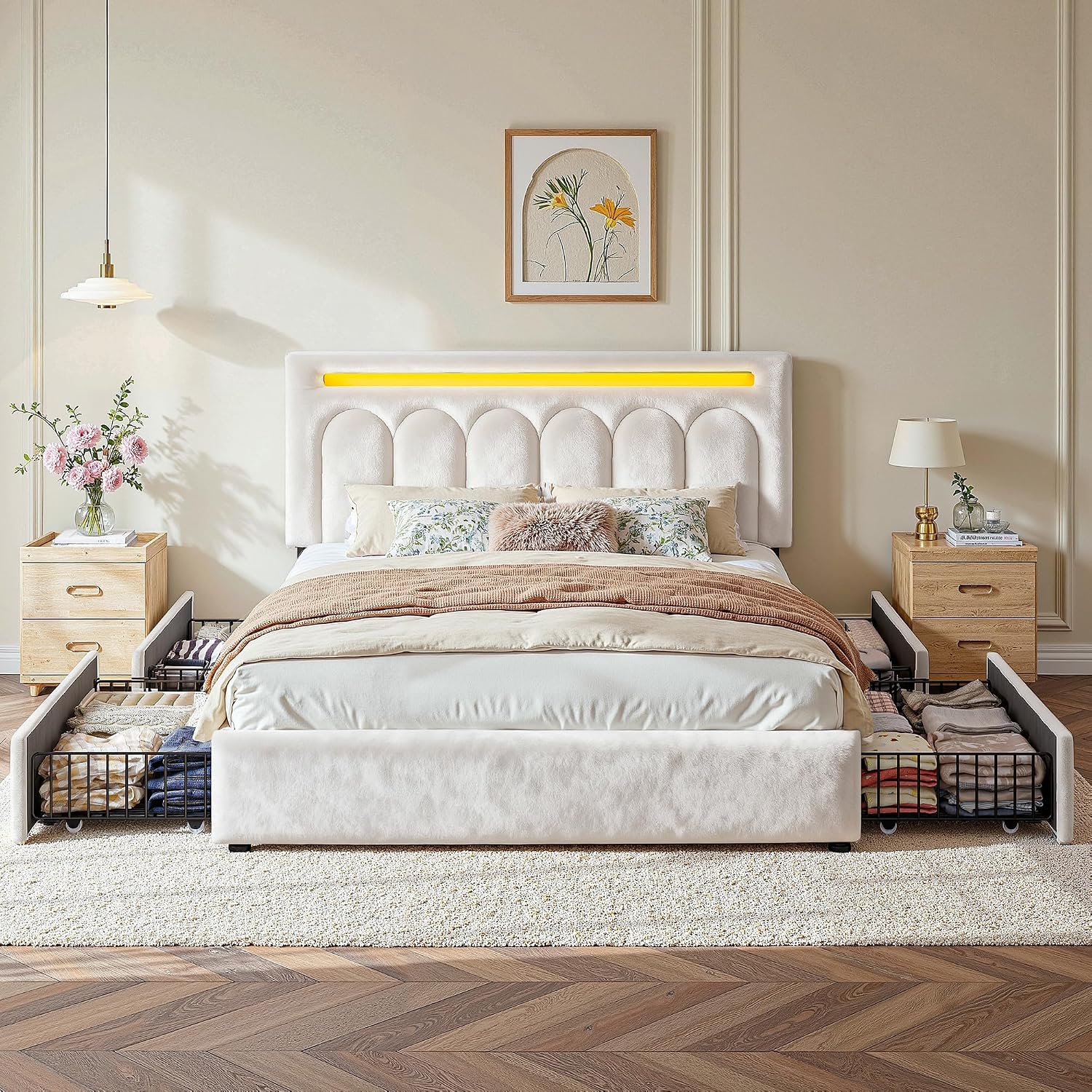Homkdom Velvet Upholstered Full Size Bed Frame with 4 Storage Drawers, Vertical Arched LED Headboard, Sturdy Wood Slats Support, No Box Spring Needed, Beige