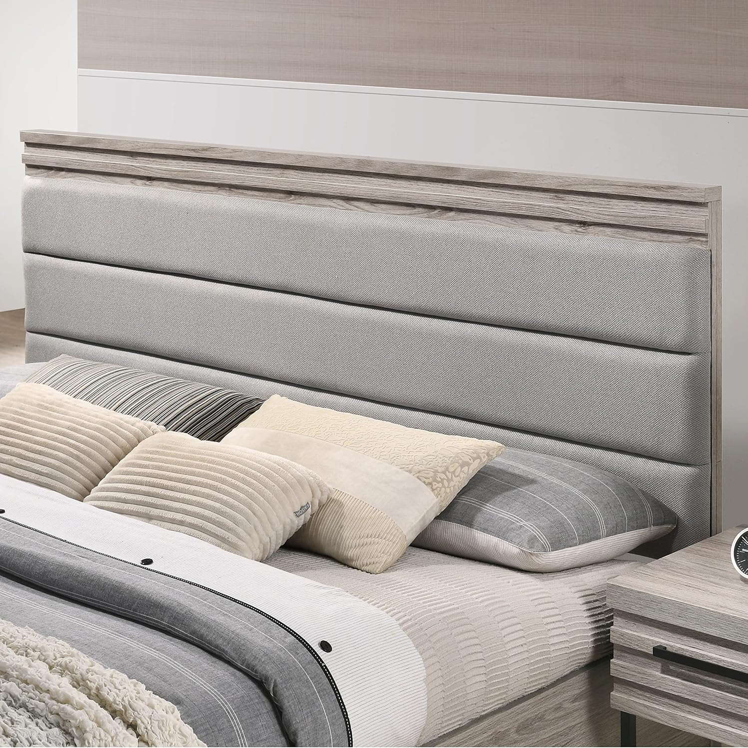 Roundhill Furniture Alvear Upholstered Wood Wallbed Bed with White LED Lights, 2 Nightstand, Queen, Weathered Gray