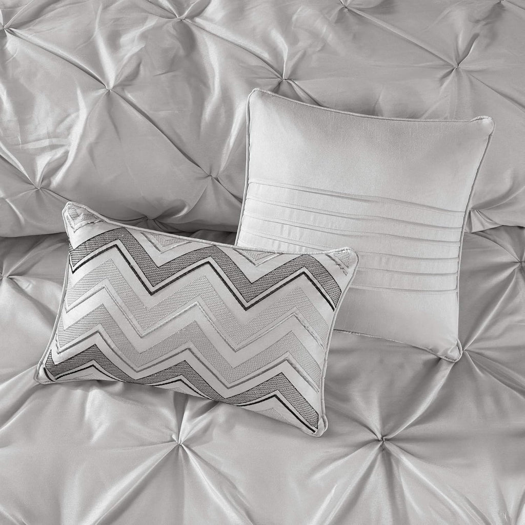 Madison Park Essentials Room in a Bag Faux Silk Comforter Set - Luxe Diamond Tufting All Season Bedding, Matching Curtains, Decorative Pillows, Grey King(104'x92') 24 Piece