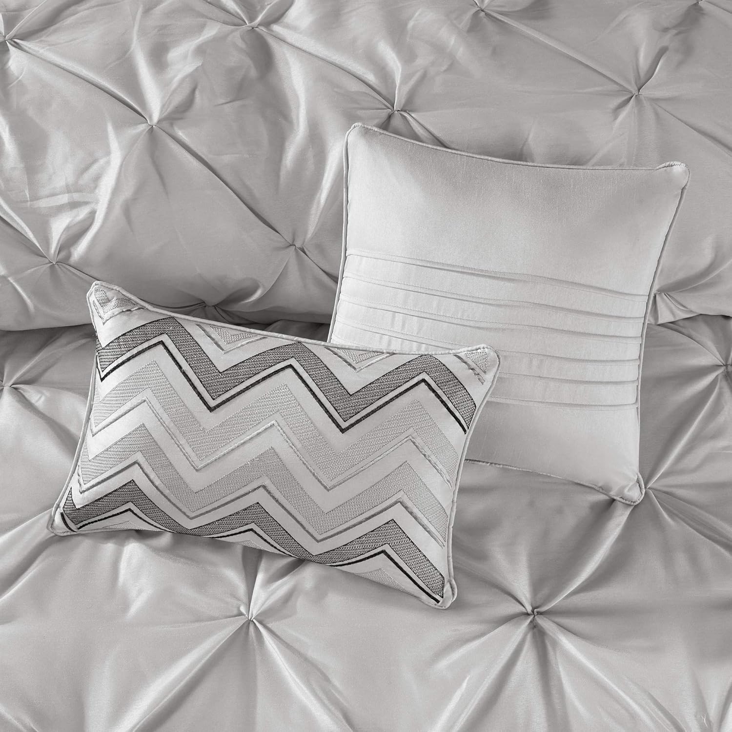 Madison Park Essentials Room in a Bag Faux Silk Comforter Set - Luxe Diamond Tufting All Season Bedding, Matching Curtains, Decorative Pillows, Grey King(104'x92') 24 Piece