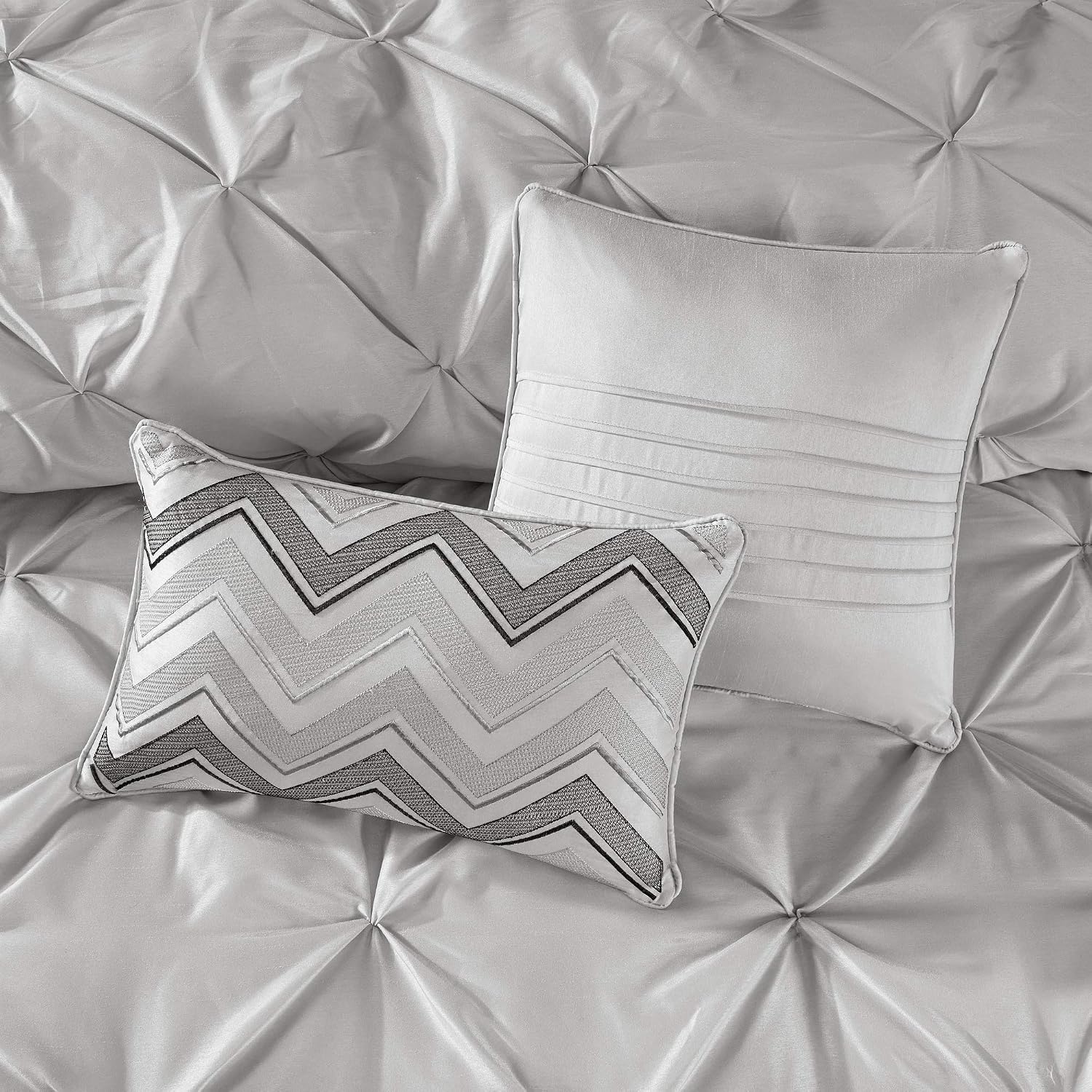 Madison Park Essentials Room in a Bag Faux Silk Comforter Set - Luxe Diamond Tufting All Season Bedding, Matching Curtains, Decorative Pillows, Grey Queen(90'x90') 24 Piece