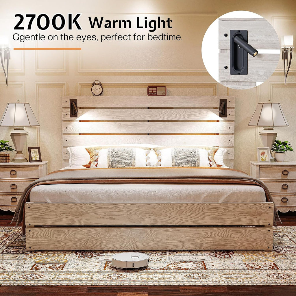 Jocisland King Size Farmhouse Bed Frame with 51' Barn Door Headboard, LED Reading Lights, Platform Bed Frame with Wood Slats, Under Bed Storage Space, Noisy Free, Easy Assembly, Ash White