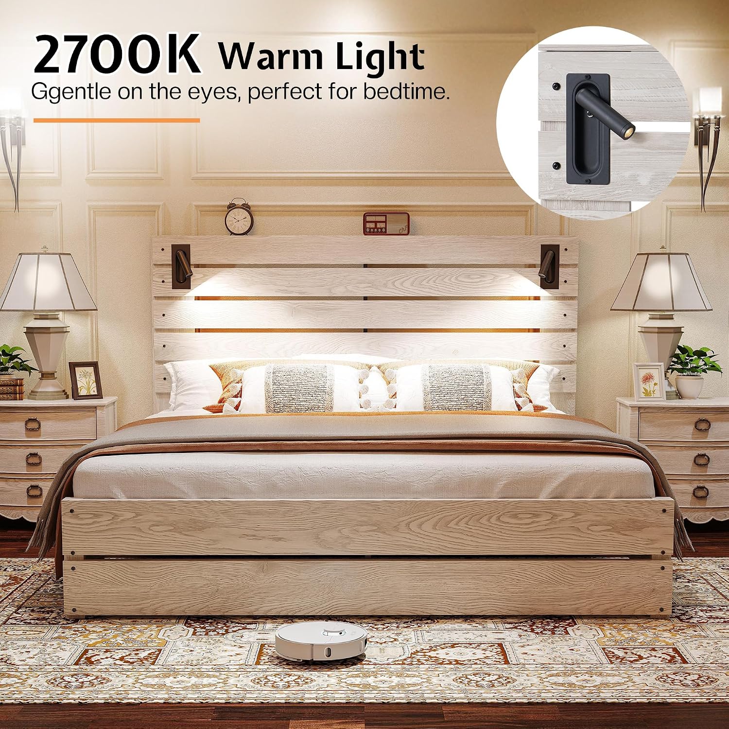 Jocisland King Size Farmhouse Bed Frame with 51' Barn Door Headboard, LED Reading Lights, Platform Bed Frame with Wood Slats, Under Bed Storage Space, Noisy Free, Easy Assembly, Ash White