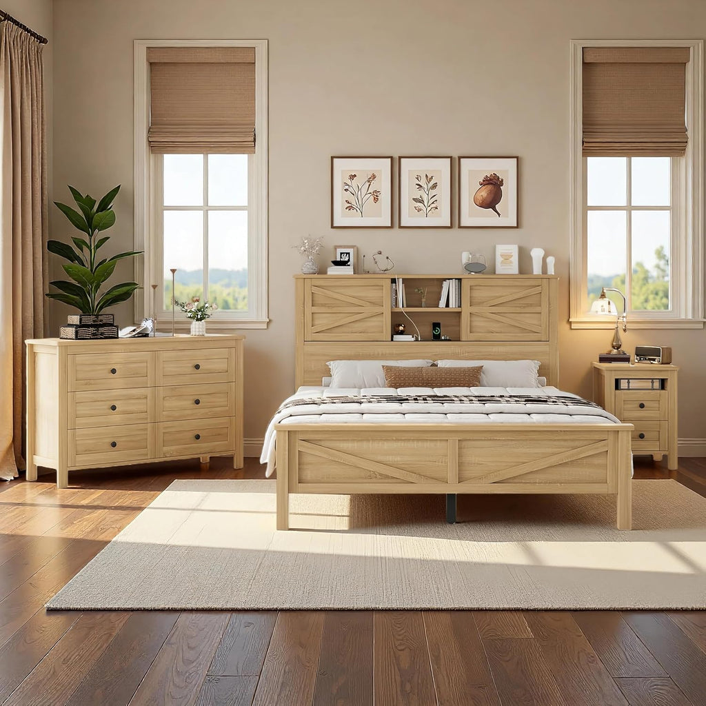 SOFTSEA 3 Pieces Farmhouse Bedroom Set, Queen Size Platform Bed with a Nightstand and 6-Drawer Dresser, Wood Platform Bed with Sliding Barn Door Headboard and Charging Station, Natural