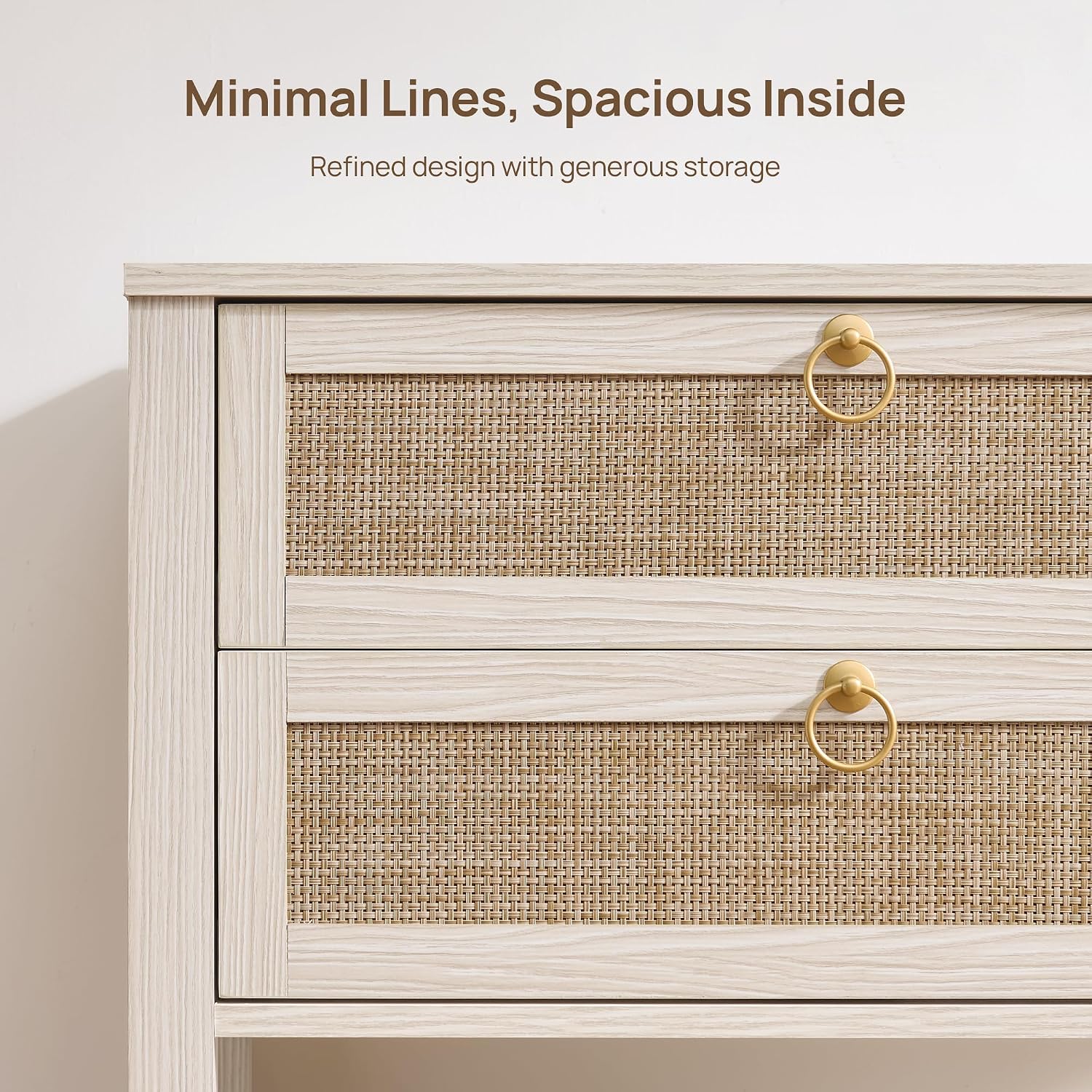 SICOTAS Boho Rattan Nightstand Set of 2, 26.7' Extra Wide Bedside Table with 2 Drawers & Open Shelf, White Oak Large Side Table for King Size Bed, Modern Coastal End Table for Master Bedroom
