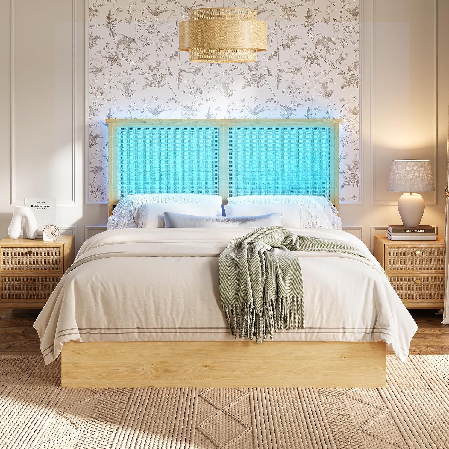 coucheta Rattan Bed Frame Full with Natural Rattan Headboard,Full Bed Frame with LED Lights,Rattan Full Bed Frame with Headboard, Wood Foundation with Silent Slats,No Box Spring Needed
