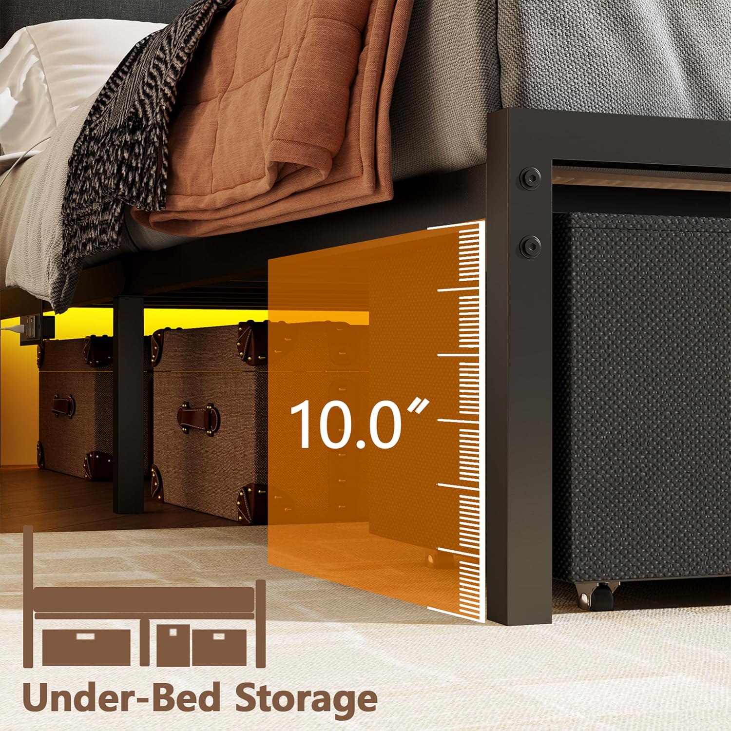 Furnulem Queen Bed Frame with Charging Station and LED Lights, Upholstered Headboard, Metal Platform Bed with 2 Fabric Storage Drawers, Noise Free, No Box Spring Needed, Gery