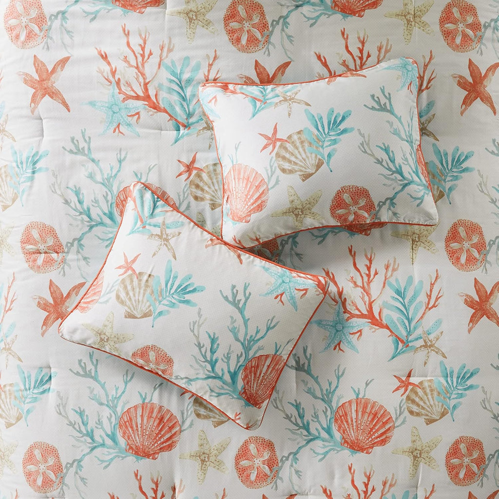Madison Park 100% Cotton Comforter Set - Coastal Coral, Starfish Design All Season Down Alternative Cozy Bedding with Matching Shams, Decorative Pillow, California King(104'x92'), Teal 7 Piece