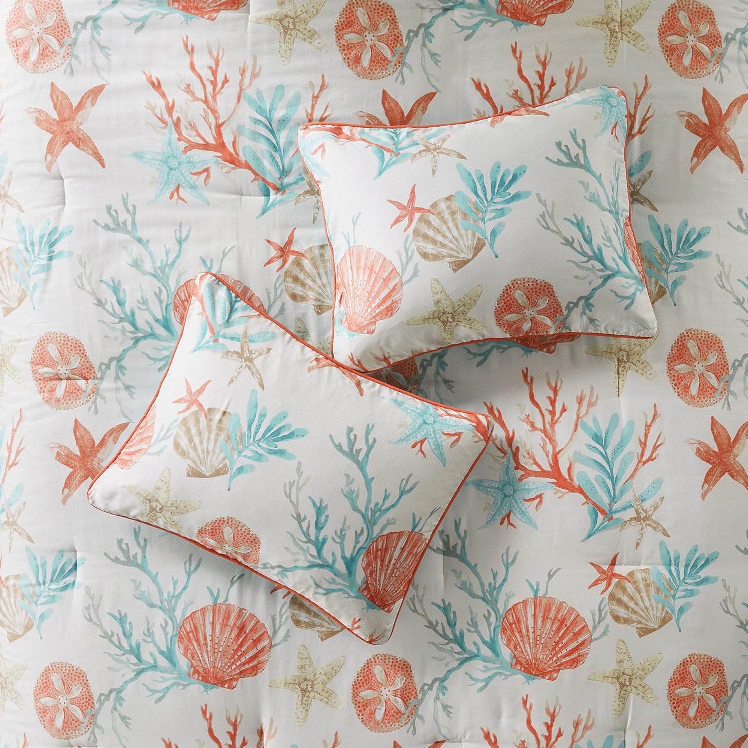 Madison Park 100% Cotton Comforter Set - Coastal Coral, Starfish Design All Season Down Alternative Cozy Bedding with Matching Shams, Decorative Pillow, California King(104'x92'), Teal 7 Piece