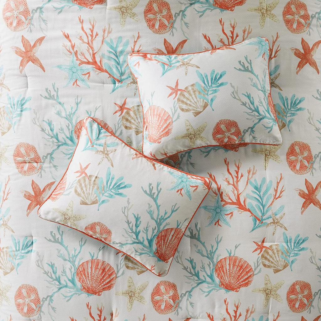 Madison Park 100% Cotton Comforter Set - Coastal Coral, Starfish Design All Season Down Alternative Cozy Bedding with Matching Shams, Decorative Pillow, King(104'x92'), Teal 7 Piece