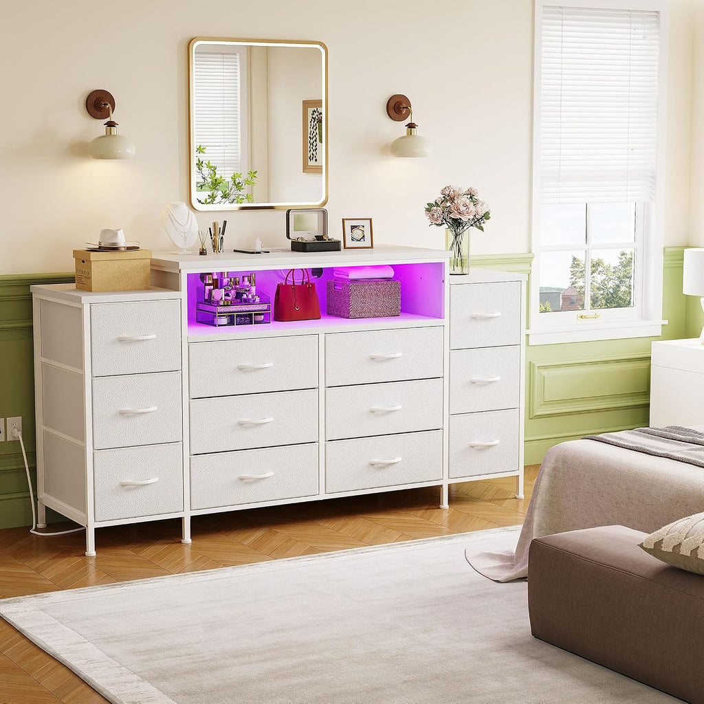 EnHomee 55' W Dresser for Bedroom with LED Lights & Charging Station 12 Drawer Dressers & Chests of Drawers Dresser TV Stand for Bedroom for Hanging 65' TV, Metal Frame & Fabric Drawers, White