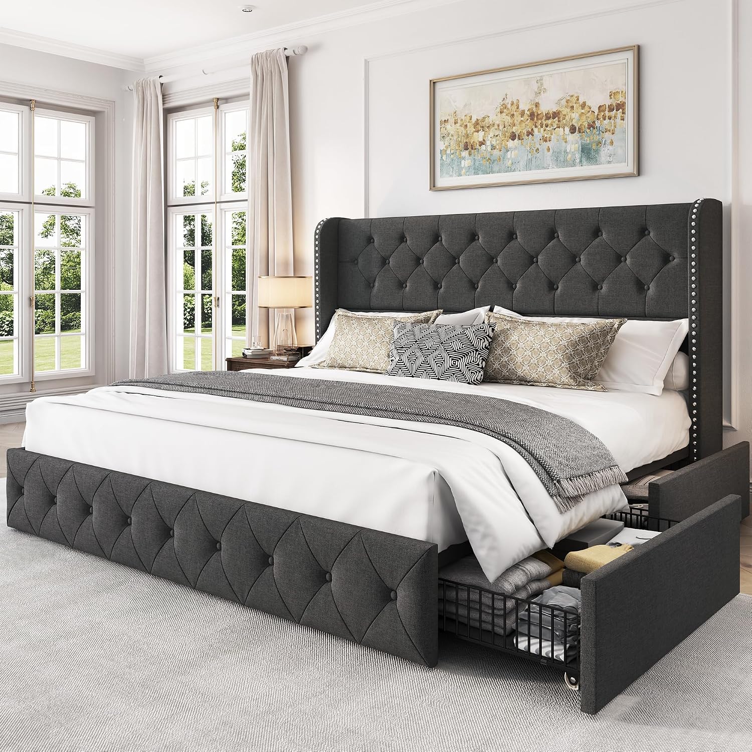 LARMACE King Size Platform Bed Frame with 4 Storage Drawers and 47.2' Tall Tufted Headboard Linen Upholstered Bed Wingback Bed Frame with Wooden Slats Support, Easy Assembly, Dark Grey