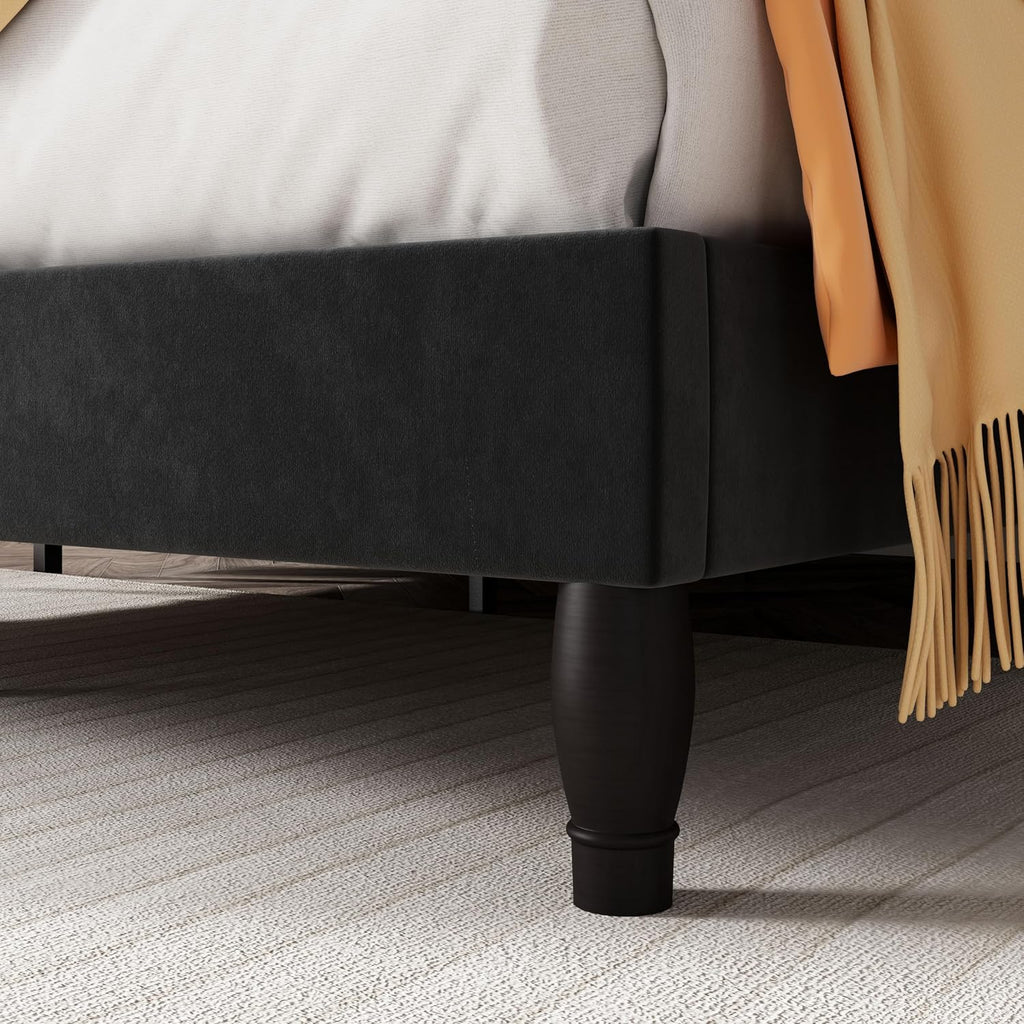 SHA CERLIN Full Size Bed Frame with Adjustable Headboard/Velvet Upholstered/Diamond Button Tufted and Metal Studs/No Box Spring Needed/Wood Slat Support/Easy Assembly/Black