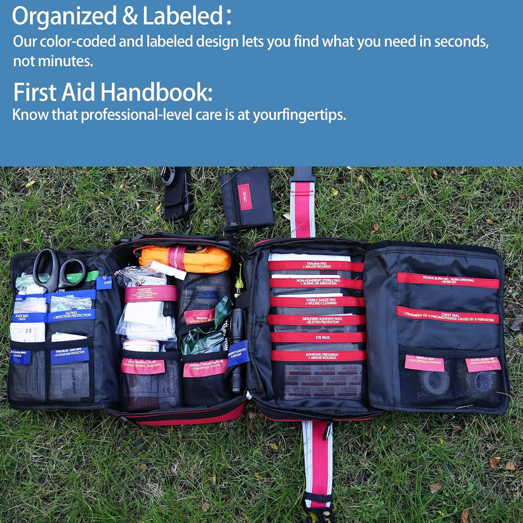 Besst Survivor 401 Piece First Aid Kit with Chest Seals -Labeled, Expandable & Mountable, Emergency Medical Kit for Home, Car, Camping & Outdoor, Waterproof Trauma Kits with Labeled Compartments