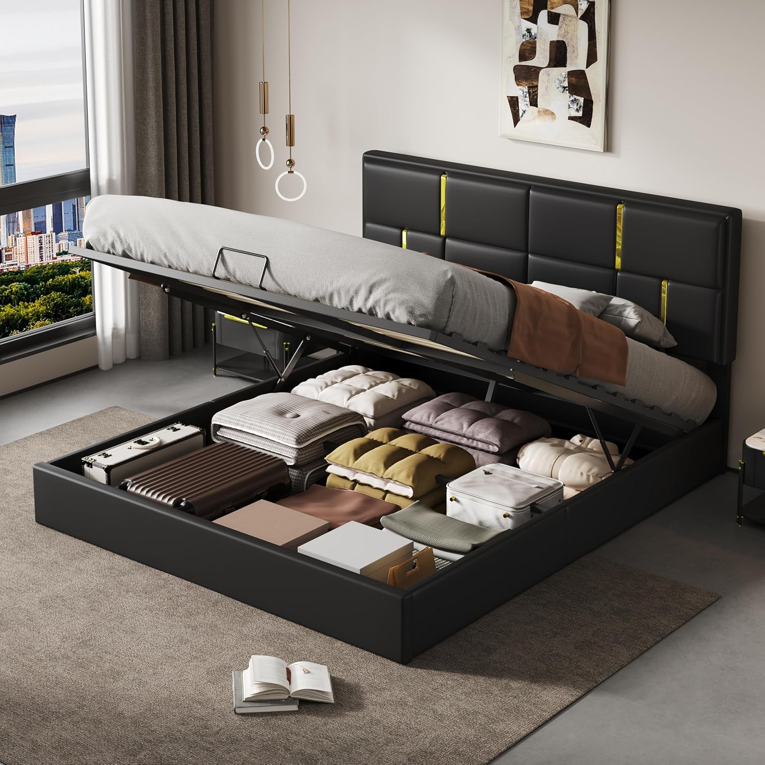 JIJIWANG Queen Size Upholstered Platform Bed with Hydraulic Storage System,Velvet Bed Frame with Headboardqueen Bed Brame with Storage No Box Spring Needed,Black