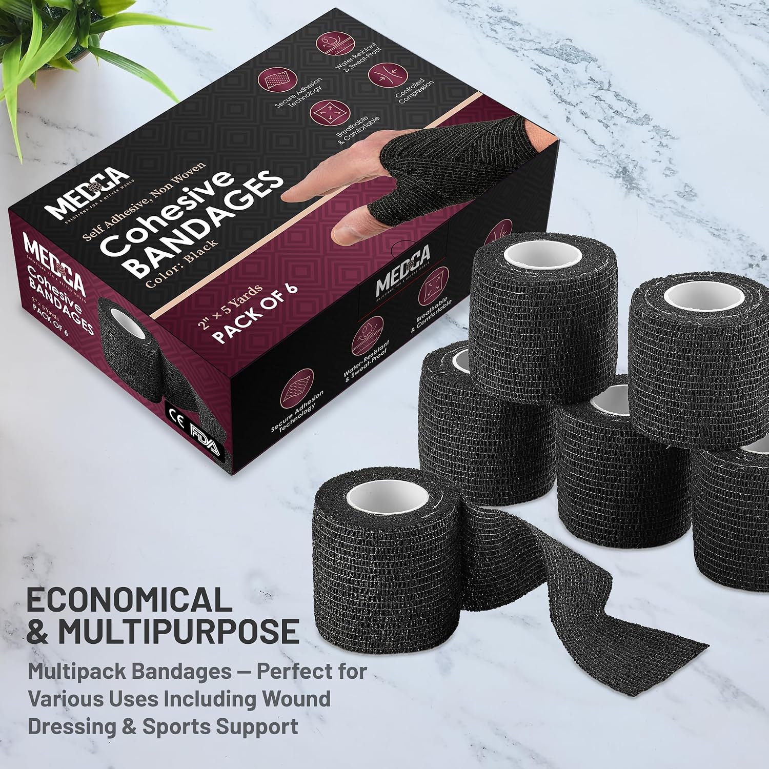 Self-Adherent Cohesive Bandage - Black Medical Wrap - (288 Rolls Bulk) - 2' Wide x 5 Yards Sports Tape for Medical Use, Sports, First Aid and Helps Protect Skin