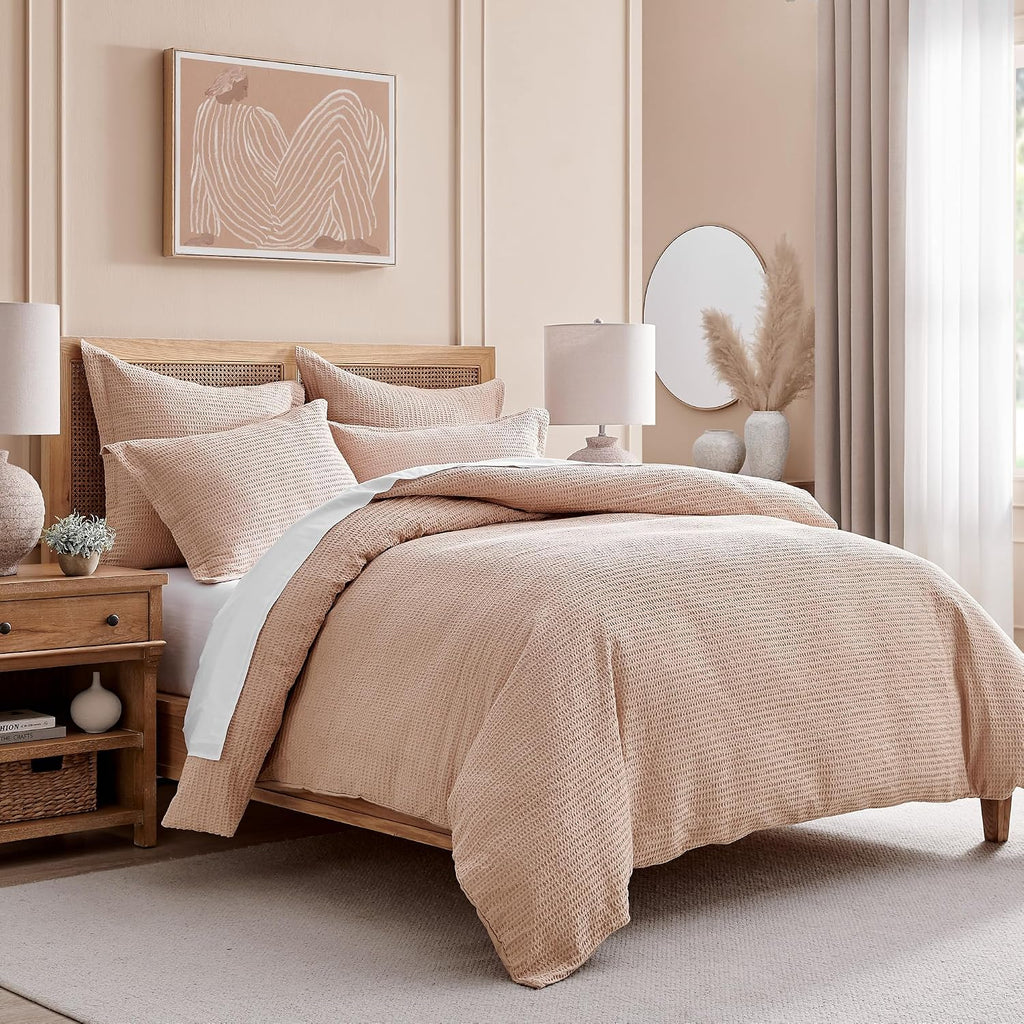 Levtex Home Cloud Waffle King/Cal King Comforter Set (106x94in) with 2 Pillow Shams (36x20in) - Solid Waffle Cotton Texture - Blush - 100% Cotton King Size Comforter Set - Soft, Pre-Washed